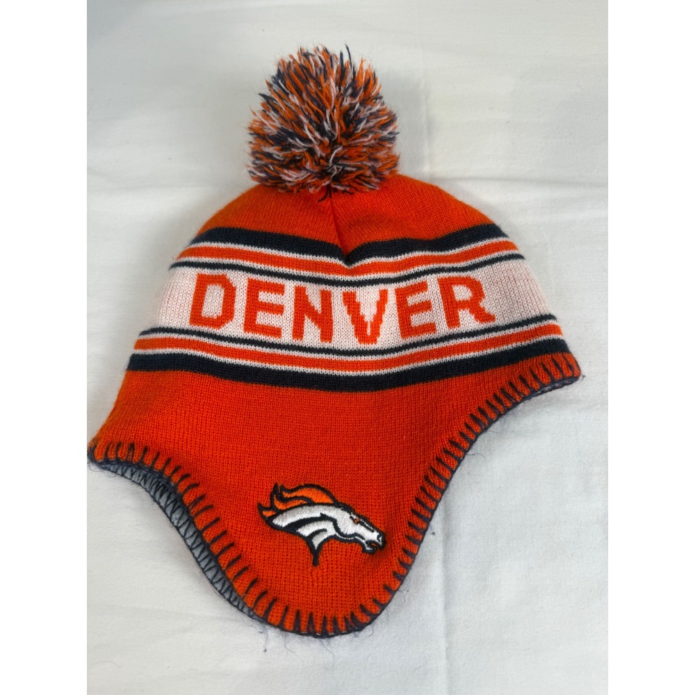 NFL Team Apparel Denver Broncos Kids Knit Trapper Hat Orange Beanie Toddler 2-4T